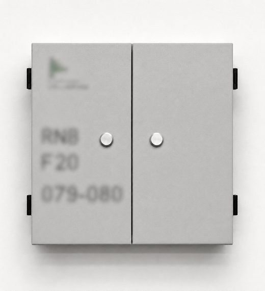 Example of a Fiber Distribution Box (FDU): a grey metal wall cabinet with two doors / مثال على علبة توزيع الألياف الضوئية