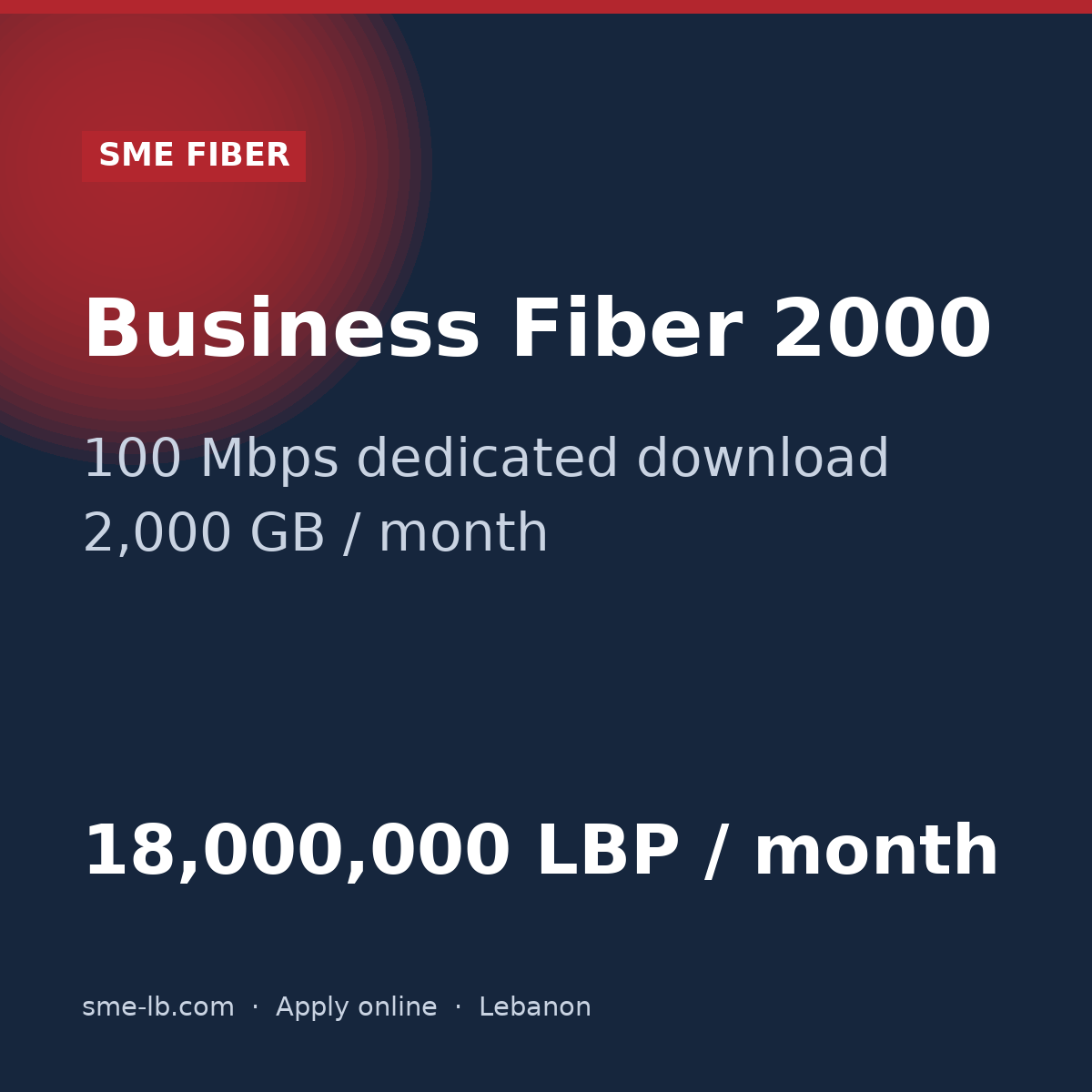 Business Fiber 2000 — SME FIBER plan card: 100 Mbps dedicated, 2,000 GB, 18,000,000 LBP per month