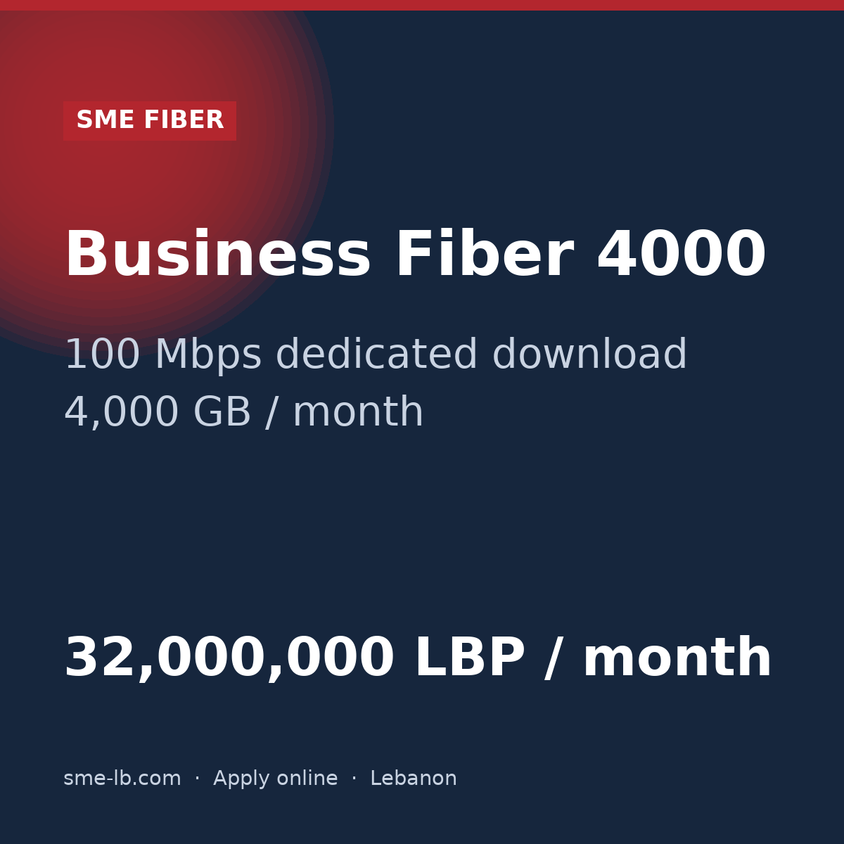 Business Fiber 4000 — SME FIBER plan card: 100 Mbps dedicated, 4,000 GB, 32,000,000 LBP per month