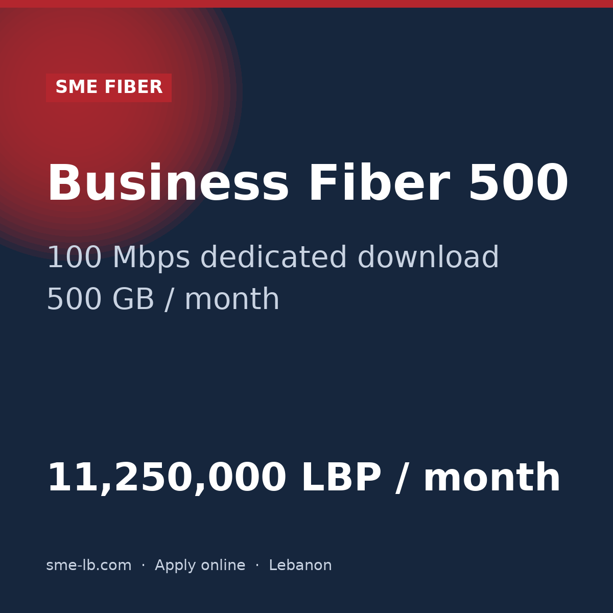 Business Fiber 500 — SME FIBER plan card: 100 Mbps dedicated, 500 GB, 11,250,000 LBP per month