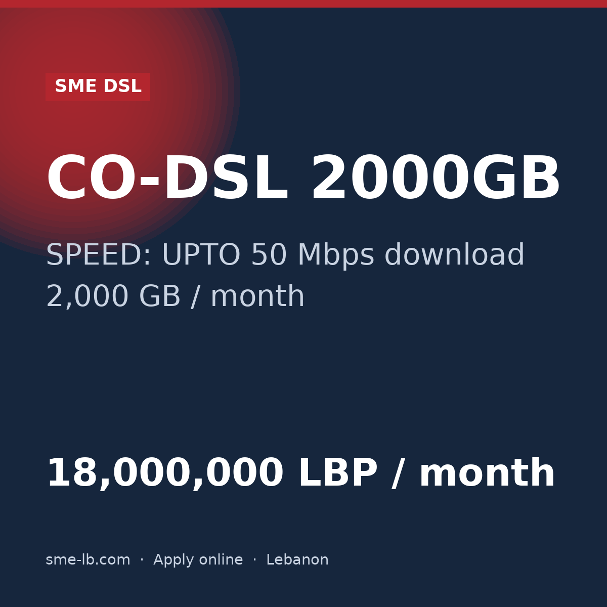 CO-DSL 2000GB — SME DSL plan card: SPEED: UPTO 50 Mbps, 2,000 GB, 18,000,000 LBP per month