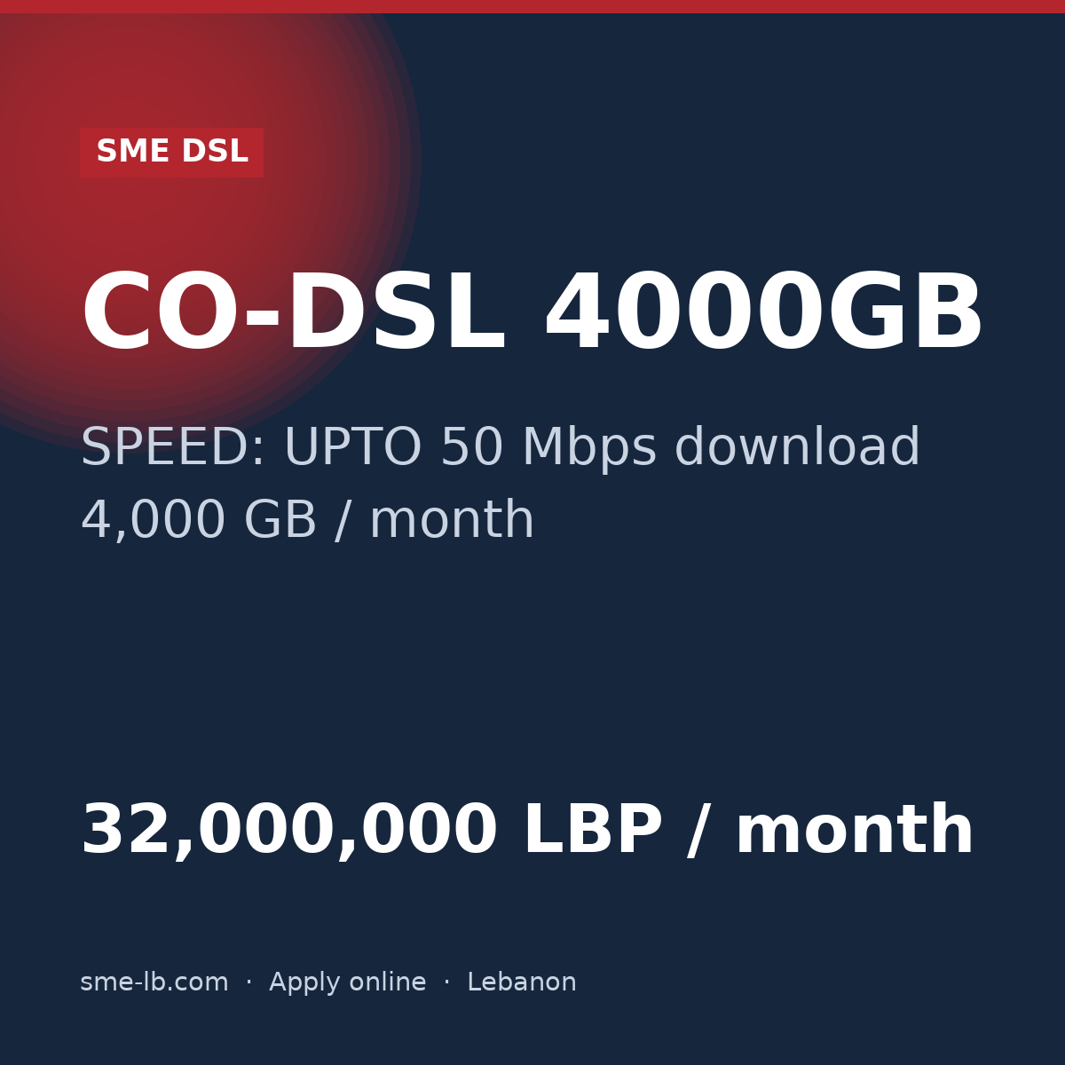 CO-DSL 4000GB — SME DSL plan card: SPEED: UPTO 50 Mbps, 4,000 GB, 32,000,000 LBP per month