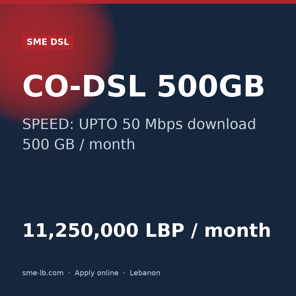 CO-DSL 500GB — SME DSL plan card: SPEED: UPTO 50 Mbps, 500 GB, 11,250,000 LBP per month