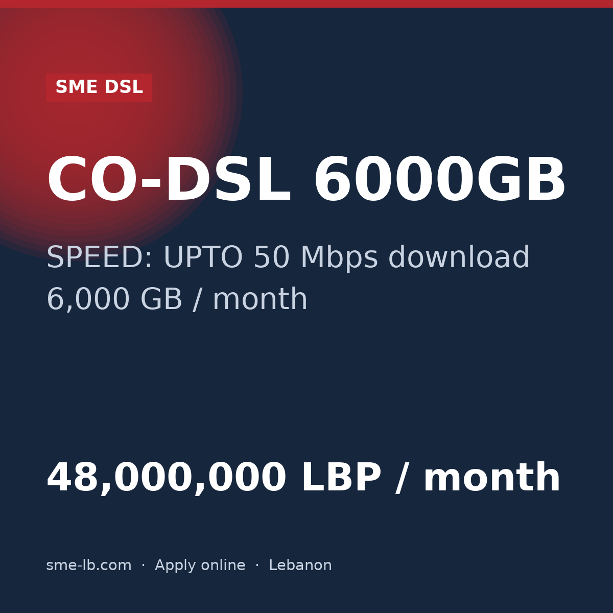 CO-DSL 6000GB — SME DSL plan card: SPEED: UPTO 50 Mbps, 6,000 GB, 48,000,000 LBP per month