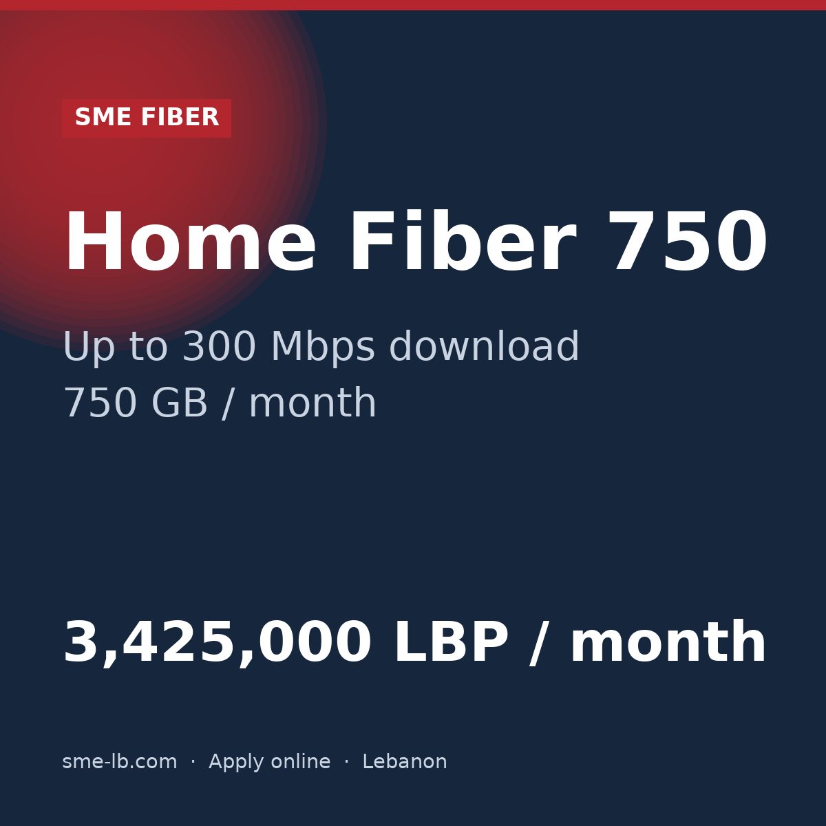Home Fiber 750 — SME FIBER plan card: Up to 300 Mbps, 750 GB, 3,425,000 LBP per month