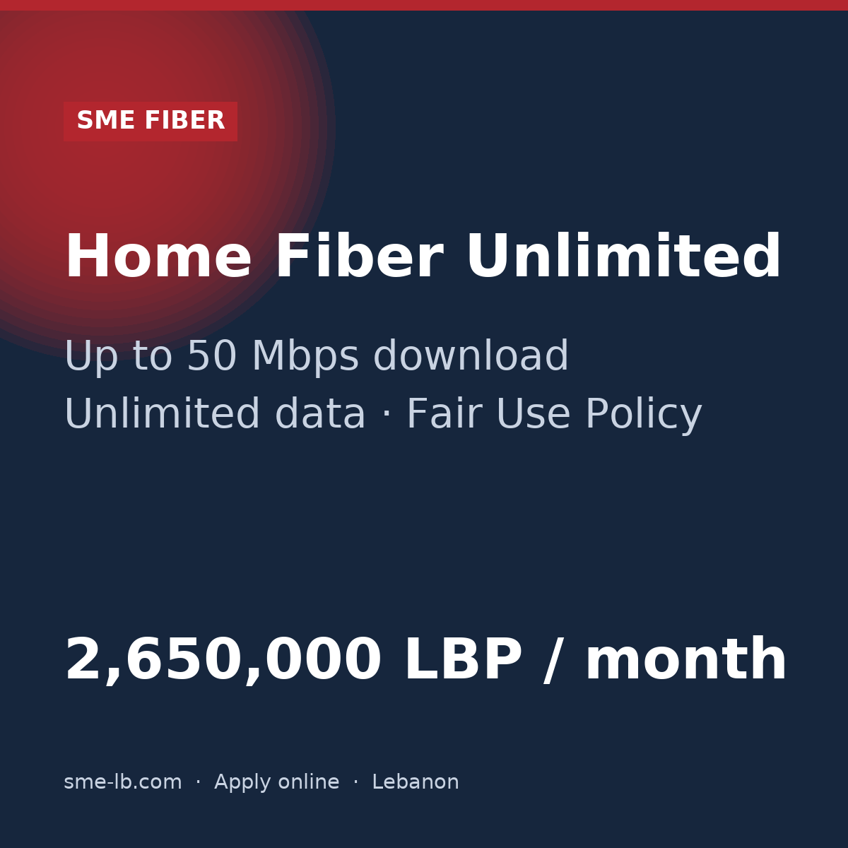 Home Fiber Unlimited — SME FIBER plan card: Up to 50 Mbps, unlimited data, 2,650,000 LBP per month